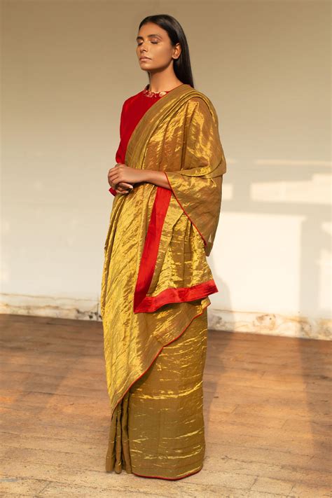 Buy Gold Handloom Tissue Round Saree With Blouse For Women By Shorshe