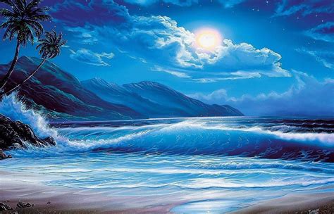Beautiful Moonlight Beach Painting A4 Canvas Print Poster Ocean Waves