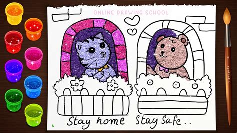 Stay home stay safe coloring page. Simple cute cat and bear drawing | glitter coloring | stay ...