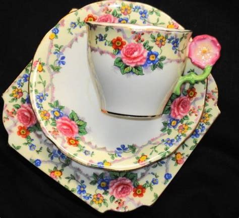 Aynsley England Roses Flower Handle Pink Rose Tea Cup And Saucer Trio Plate Vintage Dishes Tea