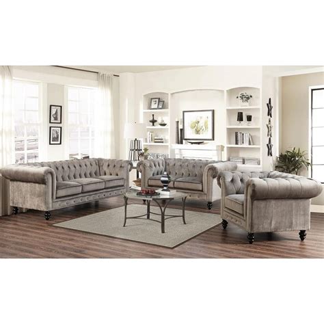 Chesterfield Grey Velvet 3 Piece Living Room Set Living Room Sets