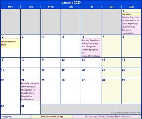 January 2023 Eu Calendar With Holidays For Printing Image Format