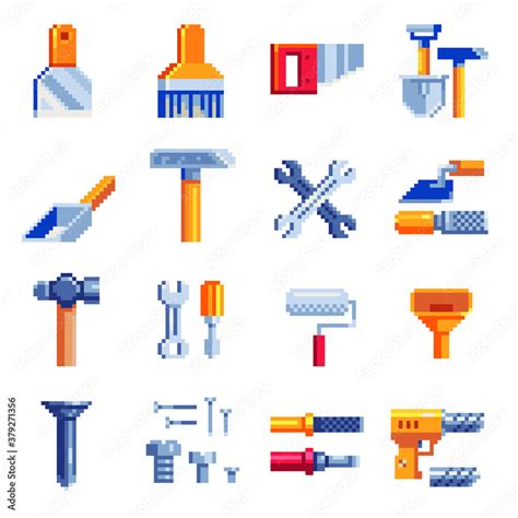 Builders Tools Pixel Art Icons Set Construction Tool Symbols Design For Mobile App Web Logo