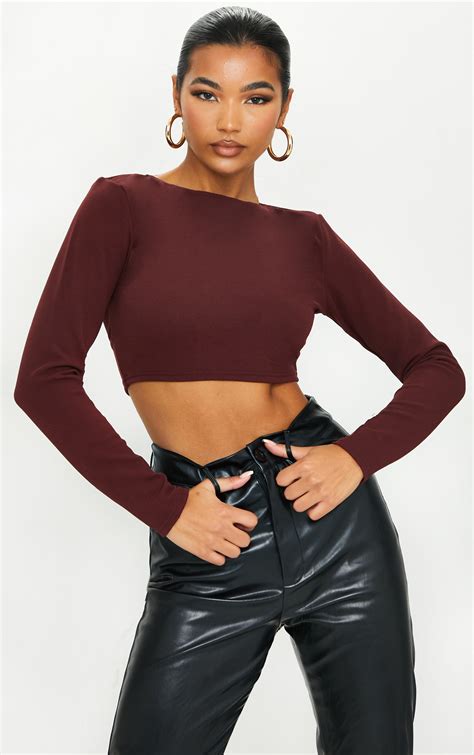 Chocolate Crepe Backless Long Sleeve Crop Top Prettylittlething Qa