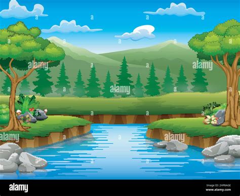 Cartoon Of River In The Forest And Silhouettes Background Stock Vector