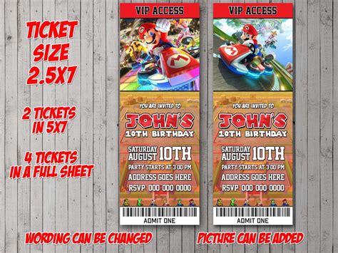 Super Mario Kart Digital Ticket Party Invitation Invite Flyer Thank