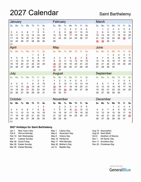 2027 Saint Barthelemy Calendar With Holidays