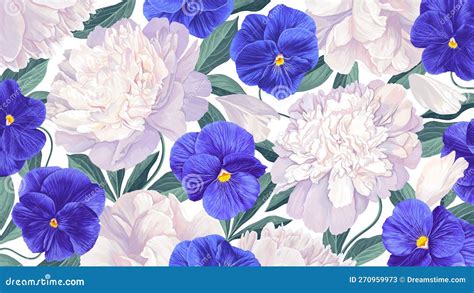 Realistic Vector Peonies And Blue Pansies Desktop Wallpaper For