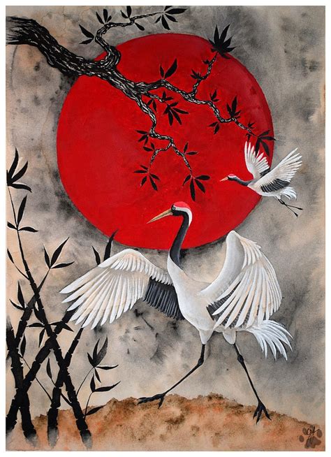 Japanese Style Red Crowned Crane Watercolour Painting Art Print