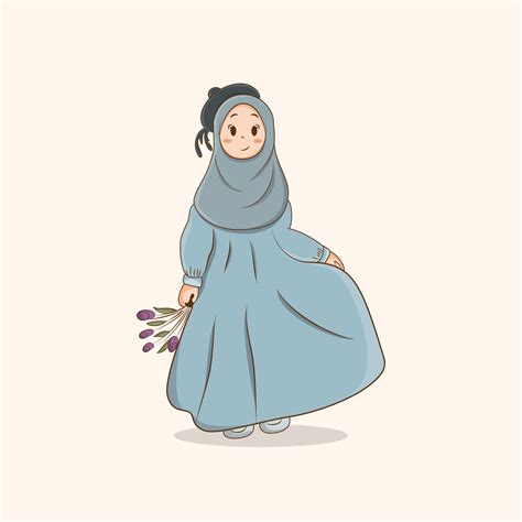 Cute Girl Hijab Holding Flower Vector Illustration Muslim Girl With