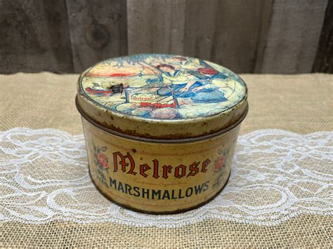 vintage miniature mini melrose marshmallows snowflake crème tin campfire display antique