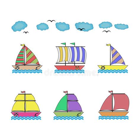 Illustrative Design Of Various Boat Shapes And Clouds Stock Vector