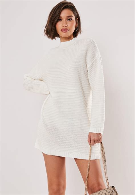 White High Neck Ribbed Knitted Dress Missguided