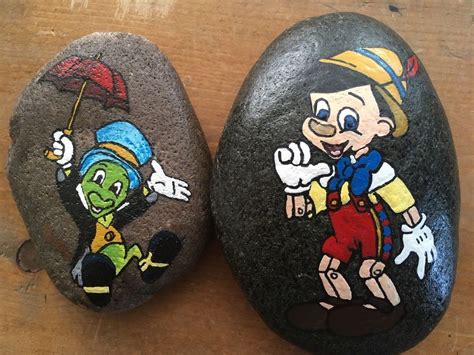 Hand Painted River Rock Pinocchio And Jiminy Cricket Ebay Rock