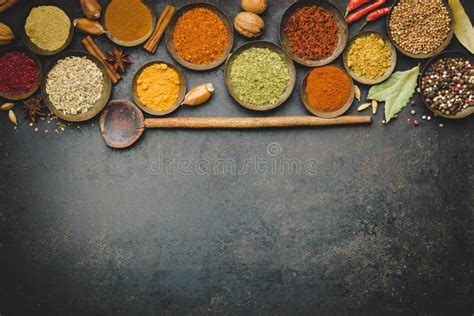 Various Bowls Of Spices Over Dark Background Stock Image Image Of