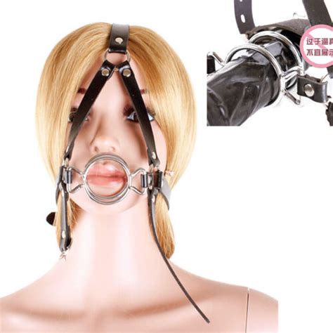 Deep Throat Mouth Open Gag Leather Head Harness Stainless Steel Dual