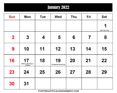 January Calendar 2022 With Holiday Best Printable Calendar