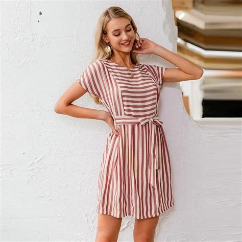 Striped Casual Buttons Strap Short Sleeve Summer Ladies O Neck A Line Holiday Dress Short