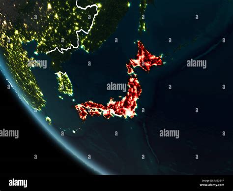 Satellite View Of Japan Highlighted In Red On Planet Earth At Night