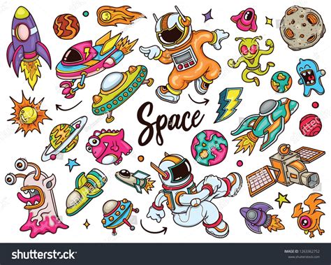 Hand Drawn Set Of Space Doodles In Color Vector Vector Gohsantosa In