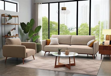 Spacious Bright Living Room With Panoramic Windows Ai Generated Stock