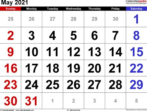 May 2021 Calendar Templates For Word Excel And Pdf
