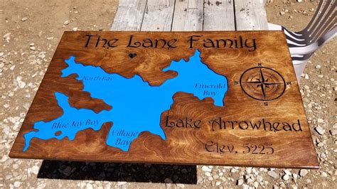 Hand Crafted Lake Arrowhead Carved Wood Map Sign By Big Bear Wood Werks