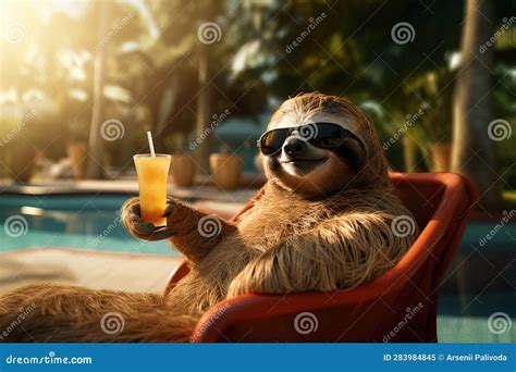 Happy Funny Sloth Wearing Sunglasses Relaxing In Lounges At A Resort