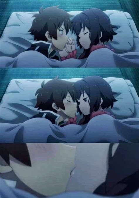 Two Anime Characters Laying In Bed And One Is Kissing The Others Foreheads