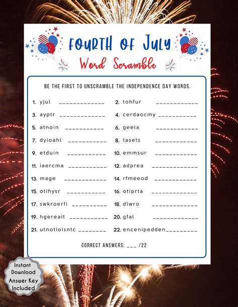 Fourth Of July Word Scramble Game Independence Day Games Th Of