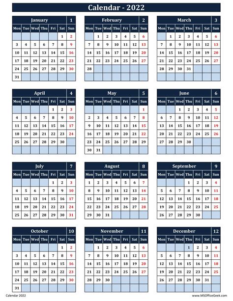 2022 Calendar Excel Monday Start