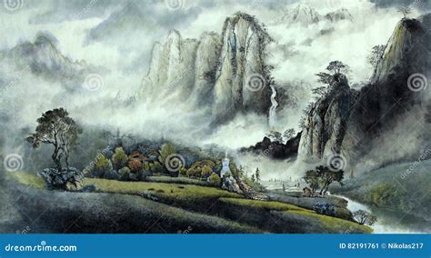 Chinese Landscape Mist Waterfall And Mountains Royalty Free Stock