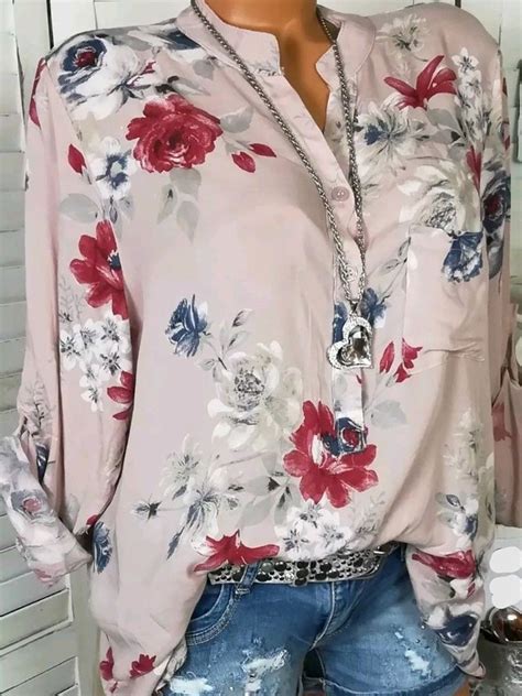 Floral Long Sleeve V Neck Cotton Blousesandshirts Noracora