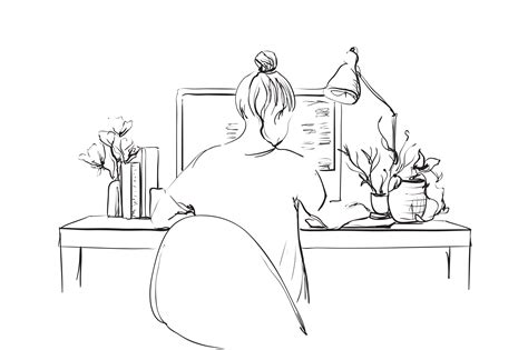 Sketch Of Girl At The Computer In 2021 Outline Art Line Art Drawings