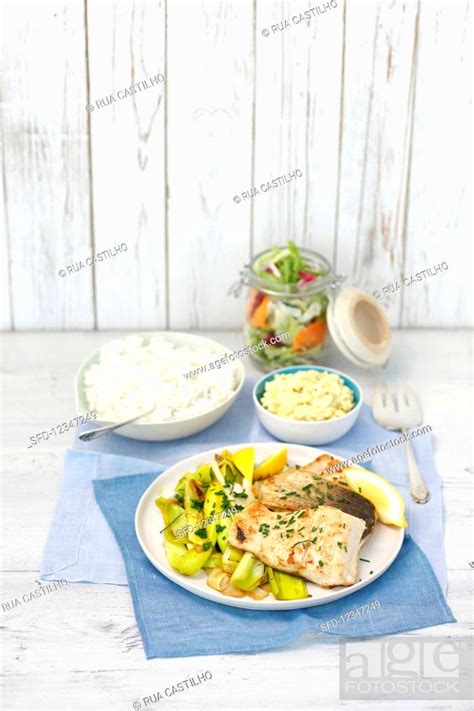 Fried Turbot Fillets On Leeks Stock Photo Picture And Rights Managed