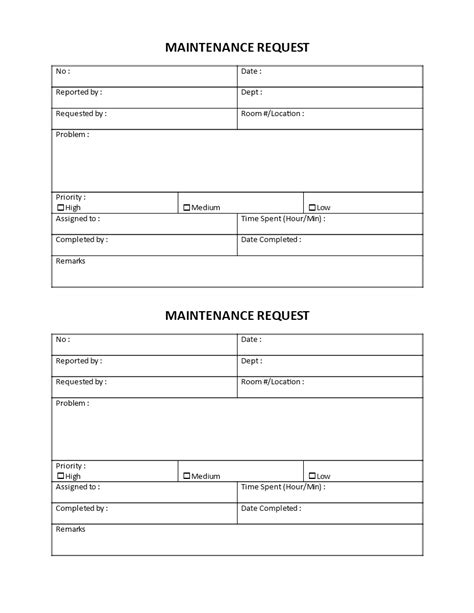 Maintenance Request Form Excel Maintenance Request Form Templates