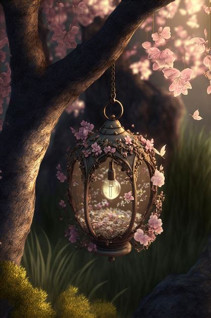 Premium Ai Image Lantern Hanging From A Tree With Pink Flowers