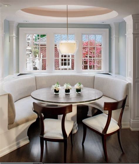 Booth style breakfast nook with white, curved wall bench, free standing kitchen nook dining table corner breakfast booth solid. Pin on Home Wall Mural Ideas
