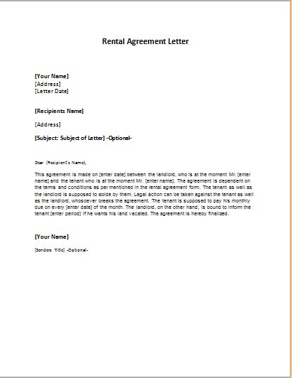 Rental Agreement Letter Template Word And Excel Templates