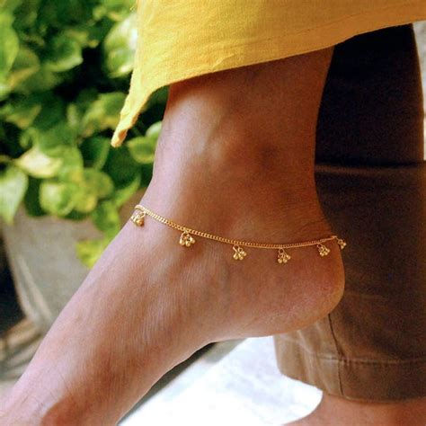 18k Solid Gold Anklet With Bells Cuban Link Curb Chain Anklet Indian