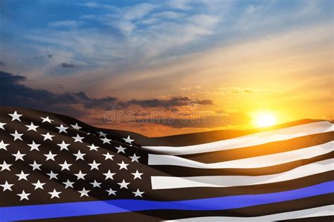 American Flag With Police Support Symbol Thin Blue Line On Sunset Sky