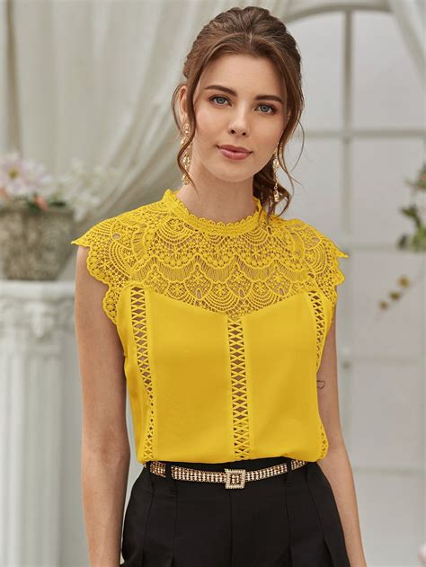 Guipure Lace Panel Keyhole Back Blouse Shein Usa Cardigans For Women