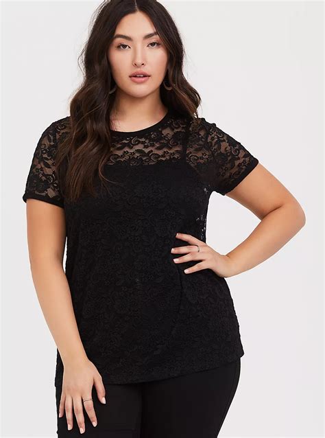 Black Lace Crew Tee Black Lace Lace Sleeve Top Fashion