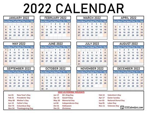 Year 2022 Calendar Templates