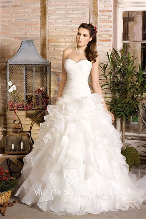 strapless sweetheart ivory ruched organza cascading ruffled ball gown wedding dress victoriasqueen