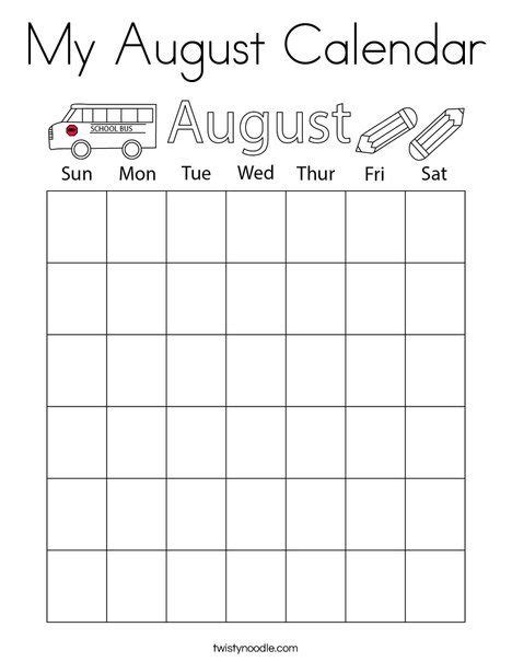My August Calendar Coloring Page Twisty Noodle Large Calendar Blank