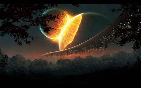 Mountains Nature Outer Space Trees Stars Futuristic Planets Buildings