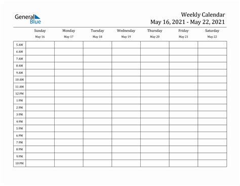 Weekly Calendar With Time Slots Week Of May 16 2021
