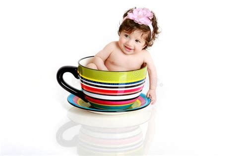 Baby In Tea Cup Three Months Old Cute Little Baby Girl Sitting In A