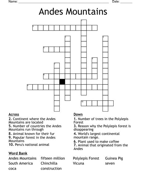 Andes Mountains Crossword Wordmint